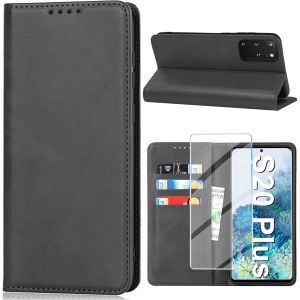 KALANKA-&Eacute;tui de protection pour Samsung Galaxy S20 Plus - En cuir synth&eacute;tique - Avec compartiment pour cartes - Support - Avec film de protection d'&eacute;cran - Noir - Neuf