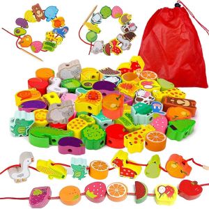 ERYI-Grosse Perle En Bois Enfant 2 Ans, 42Pcs Jouets De Filetage En Bois Avec Perles Animaux Fruits Montessori Jouets Éducatifs Anniversaire Cadeau Pour Garçons Filles 2 3 4 Ans - Neuf