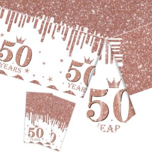 Sjzg-2 Pi&egrave;ces Nappe En Or Rose Decor F&ecirc;te D'anniversaire Pour 50 Ans, 137x274cm Nappe Plastique Et Rectangulaire D&eacute;coration De Table Joyeux Anniversaire Pour Homme Femme D&eacute;coration Anniversaire - Neuf
