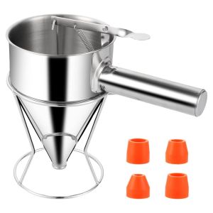 Bhhbb-Distributeur De Pâte, 1200ml Distributeur Pâte À Crepes, Portionneur De Pâte En Acier Inoxydable, Entonnoir De Cuisson Entonnoir À Piston En Acier Inoxydable Avec Rack Et 4 Buses Différentes - Neuf