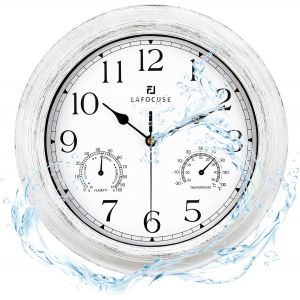 ChenQuanSarl-30Cm Horloge Murale Exterieure Etanche Avec Thermomètre Et Hygromètre, Vintage Blanc Pendule Murale Retro, Silencieuse Shabby Chic Deco Pour Extérieur, Jardin, Balcon, Salle De Bain, Cui - Neuf
