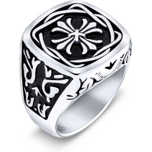 KAL-Personnalisez Une Grande Déclaration Avec Une Bague Carrée De Sceau Religieux Médiéval Pour Hommes Avec Une Croix Fleur De Lis Maltaise Viking Antique En Acier Inoxydable Ton Argent Oxydé - Neuf