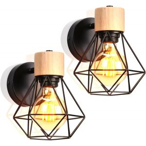 Subzonal-Lot De 2 Appliques Murales Int&eacute;rieurs Vintages Lampes Murales E27 Avec Bois Luminaires Plafonniers Industrielles M&eacute;tal Forme Cage Design Pour Cuisine Salle De S&eacute;jour - Neuf