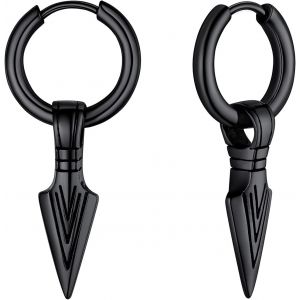 Boucles D'oreilles Homme En Acier Inoxydable/Plaqué Or/Noir,Petite Créole Avec Pendante Lance Flèche Viking,Bijou Gothique Unisexe.[X1871] - Neuf