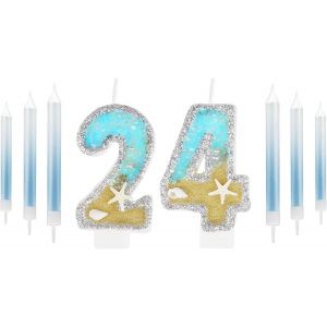 Eryi-Bougie D'anniversaire Bleue En Forme De Chiffre 24 Pour Garçons Et Filles, Décorations De Gâteau D'anniversaire Pour Garçons Et Filles, Bougies Bleues Argentées Pour Hommes Et Femmes, Décoration - Neuf