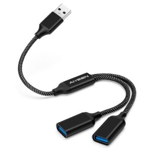Câble répartiteur USB, adaptateur répartiteur USB A 1 entrée 2 sorties, hub double port pour transfert de données/chargement, rallonge supplémentaire pour voiture/ordinateur portable/Mac/PC (noir) - Neuf