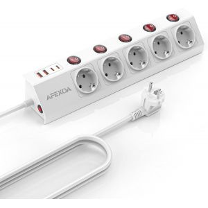 TIANYI-Multiprise avec Interrupteur Individuels (3680W/16A), Multiprise Electrique 5 Prises avec 2 Port USB-A et 2 Port USB-C (Total 5V/3.4A), Multiprise Parafoudre avec 2M Cordon pour Maison Bureau, - Neuf