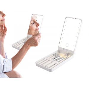 Miroir De Maquillage Led Avec Pinceaux Et Support - Blanc, Compact Et Pliable, Rechargeable Par Usb, Rotation &Agrave; 360 Degr&eacute;s - Neuf