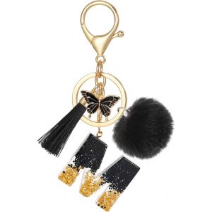Kal-Porte Clé Lettre Avec Initiale, Porte Clef Alphabet Avec Pendentif Pompon Tassel Papillon Pour Femmes Filles, Charme De Porte Clés En Résine Noir Pour Clé De Voiture Sac À Main Décor - Neuf