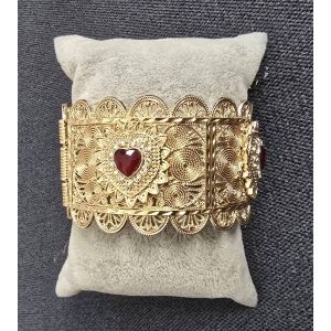 Bracelet Manchette Oriental Motif Filigrane Pierre Rouge Forme Coeur Soiree Mariage - Neuf