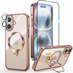 LORANKA-3 en 1 Coque pour iPhone 16 6.1"" [Coque Magn&eacute;tique Puissant pour MagSafe] [360&deg; CD Support Rolatif] [avec Protection Cam&eacute;ra & &Eacute;cran] Coque Antichoc &Eacute;lectroplaqu&eacute;e, Titane Sable - Neuf