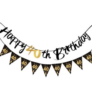 Letnerny-Lot De 2 Bannières Décoratives Pour 40e Anniversaire Fille Garçon Noir Doré Décoration 40e Anniversaire, Bannière D'anniversaire Happy 40th Birthday, Décoration De Fête Pour Garçons Et Fille - Neuf