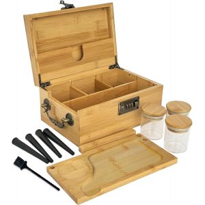 YEMAESRE-Boîte En Bambou Avec Serrure À Combinaison Et Accessoires ¿ 3 Pots Anti-Odeurs, 4 Tubes, Plateau À Roulement, , Pochette Anti-Odeurs ¿ Ensemble De Rangement D'Accessoires Pour Herbes - Neuf