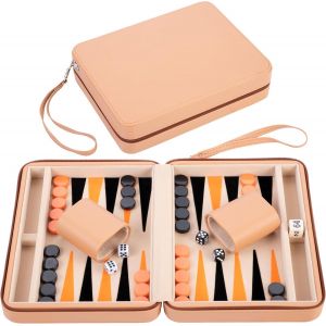 Pochette De Backgammon De Voyage 9 Pouces-Beige-Fermeture Éclair-Intérieur Feutré : Vert/Rouge/Blanc-Accessoires Inclus-Jeux De Voyage-Ouvert : 37,7 X 24 X 2,7 Cm - Neuf