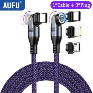 Câble Magnétique Aufu 240W De Type C Pd3.1 Pour Macbook Samsung Xiaomi Iphone 180 ° Fil De Chargeur Magnétique Usb C Rotatif 5A À Charge Rapide.Black With 3Tips.1,8M - Neuf