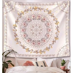 Tenture Murale Mandala Fleuri - Tapisserie Hippie Style Boh&egrave;me - Motif Couronne Brun Clair - Neuf
