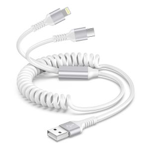 C&acirc;ble spiral&eacute; USB C et Lightning 2 en 1, multi c&acirc;ble de charge rapide, pour iPhone, 1,2 m, c&acirc;ble USB Lightning pour iPhone 15/14/13/12/11/Pro/XS, USB type C pour Samsung Galaxy S10, Huawei - Neuf