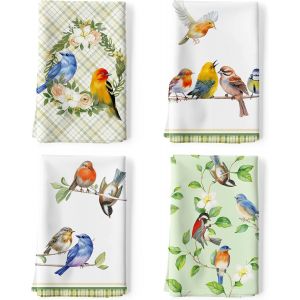 Eryi-Torchons De Cuisine Coton Vaisselle Lot De 4, Serviettes De Cuisine Torchon Vaisselle 100% Coton Avec Accroche Très Absorbant Serviettes De Bar 48 X 70cm Oiseaux De Printemps - Neuf