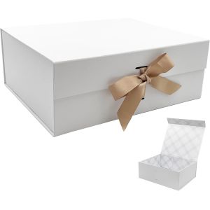 Grand Bo&icirc;te Cadeau Blanc 33.5x27x12.5 Cm,Bo&icirc;te Cadeau Haut De Gamme Avec Couvercle Magn&eacute;tique Et Ruban Pour Emballage Cadeau De Vacances,Mariage,Anniversaire,Doublure &Agrave; Carreaux - Neuf