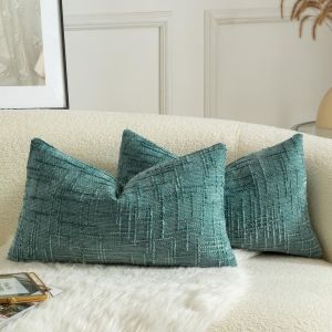 CAUC-Lot de 2 Housses de Coussin en Chenille Douce Design Textur&eacute; Noeud de Bambou D&eacute;coration &Eacute;l&eacute;gante pour Canap&eacute; Lit ou Salon 30x50 cm Sarcelle - Neuf