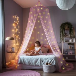Ulteronixshop-Rose Lit &Agrave; Baldaquin Pour Filles Avec Pr&eacute;-Coll&eacute;s Luisant Dans Les &Eacute;toiles Sombres - D&eacute;cor De Chambre En Moustiquaire Princesse - Neuf