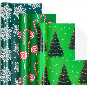 Trahoo-Rouleau De Papier D'emballage De No&euml;l - Demi-Rouleau - Sapins De No&euml;l/Canne En Bonbon/Flocon De Neige Pour Emballage Cadeau, Bricolage - 43 X 305 Cm X 3 Rouleaux (42,6 Pieds Carr&eacute;s) - Neuf