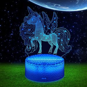 Kalanka-Lampe 3d, 7 Couleurs Veilleuse Led, &Agrave; Illusion 3d Interrupteur Tactile Intelligent, Chargement Usb Chevet Lumi&egrave;re D'ambiance, Cadeaux D'anniversaire Pour Enfant, Chambre D&eacute;cor (Licorne) - Neuf