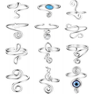 Kgabery-12 Pcs Bague Orteil Femme Anneau Ouvert Réglable Toe Ring Knuckle Ring Anneau De Queue Ouvert Minimaliste Evil Eye Cz Bague De Bande Bijoux D'été Aux Pieds Nus Argent Or - Neuf