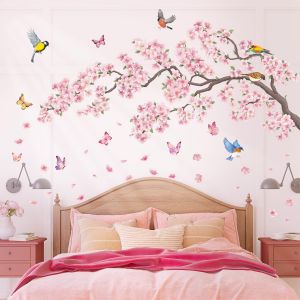 SG2-2427 Stickers muraux fleurs roses et oiseaux branches de cerisier pour chambre &agrave; coucher salon canap&eacute; TV arri&egrave;re-plan d&eacute;coration murale - Neuf