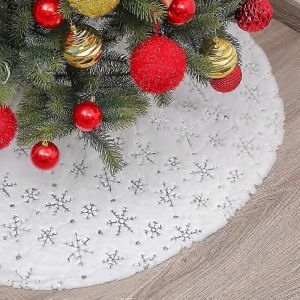 Jupe de sapin de No&euml;l en peluche blanche avec flocons de neige argent&eacute;s, housse festive de 90 cm pour d&eacute;corations de No&euml;l - Neuf