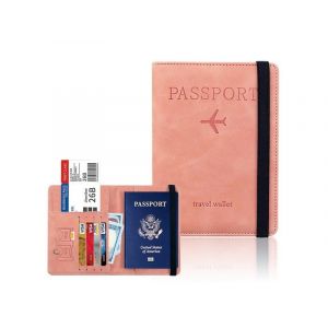 Portefeuille porte-passeport anti-RFID - Rose, organiseur de documents de voyage avec emplacements pour cartes et billets - Neuf