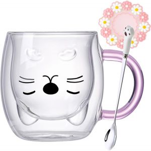 Eryi-Tasse Chat Verre Verres À Double Paroi Chat Avec Anse Rose Tasse À Café Tasses Tasses Verres À Boire Chat Verres Tasse À Thé Cadeau D'anniversaire Pour Femme Amie - Neuf