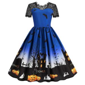 Halloween Femmes Mode Imprimer À Manches Courtes Col Rond Casual Ourlet Robe (Bleu M) - Neuf