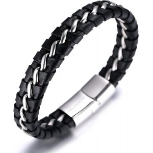 Eryi-¿ Solo Argent/Honneur Or/Veilleuse Noir ¿ Bracelet Pour Homme Fait Main | Cuir Véritable Noir | Fermoir Magnétique En Acier Inoxydable | Chaîne En Titane | Coffret Cadeau Gratuit - Neuf