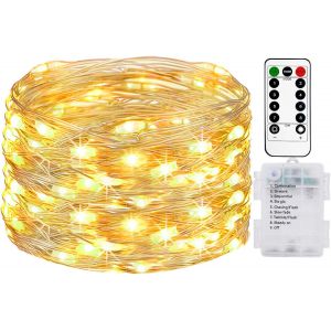 TRAHOO-Guirlande Lumineuse a Pile 5M 50LED, [Lot de 1] Guirlande Led &agrave; Pile avec T&eacute;l&eacute;commande, &Eacute;tanche 8 Modes Guirlandes Lumineuse Int&eacute;rieur Ext&eacute;rieur pour D&eacute;cor No&euml;l Mariage F&ecirc;te Chambre Blanc Chau - Neuf