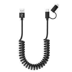 JGD-Cable Spirale Voiture pour Apple CarPlay et Android Auto [MFi & 3A Charge rapide & transmission de donn&eacute;es] C&acirc;ble USB vers USB C et Lightning 2 en 1 pour iPhone 17/16/15/14/13/12/11/Galaxy/Androi - Neuf