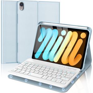 Coque Clavier pour iPad Mini 7 (A17 Pro) 2024 / Mini 6 2021, AZERTY Français Amovible Clavier Bluetooth sans Fil pour iPad Mini 7/6 8.3'', Bleu - Neuf