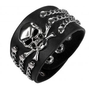 Kal-Bracelet Punk Rock Pour Homme Motard Biker, Bracelet Manchette Cuir Compos&eacute; T&ecirc;te De Mort Cr&acirc;ne Cha&icirc;nes Bracelet Large R&eacute;glable Chic Bijoux Fantaisie Cadeaux Anniversaire No&euml;l - Neuf