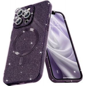 Sjzg-Coque Magn&eacute;tique Pour Iphone 15 Pro Max Etui &Agrave; Paillettes Brillant Compatible Avec Magsafe Charge Sans Fil Housse De Protection Antichoc Pour Appareil Photo Glitter Silicone Tpu Souple,Violet - Neuf