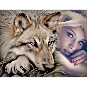 Oayew-/50x40cm Peinture Diamant 5d Femme Et Loup &Agrave; Faire Soi-M&ecirc;me, Point De Croix Strass &Agrave; Broder Femme Sauvage- Diamond Painting Carr&eacute; Animaux Pour D&eacute;coration Murale/Cadeaux - Neuf