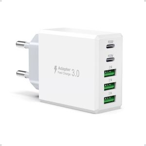 TRAHOO-USB C Rapide Chargeur, 50W 5 Ports 2USB C & 3USB A PD3.0 Multi Secteur Chargeur Rapide pour iPhone 15 Pro Max/14/13/12/11 Plus, Pad Pro Air Mini, Samsung S24/S23 Ultra, Google Pixel Adaptateu - Neuf