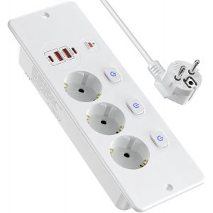Prise encastrable Triple avec USB-C PD 20W | Barrette avec interrupteurs individuels | pour Plateaux de Bureau et Tables de r&eacute;union | C&acirc;ble 2m (3x1.0mm&sup2;) | Blanc - Neuf