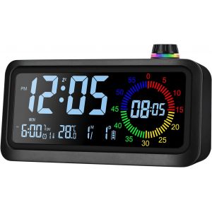 KAL-Réveil Numérique, Écran Led Couleur Visuel Réveil Avec Minuterie, 2 Niveaux De Luminosité, 3 Niveaux De Volume, 3 Alarmes, Fonction Snooze, 12/24 Heures, Compte À Rebours 60 Minutes (Noir) - Neuf