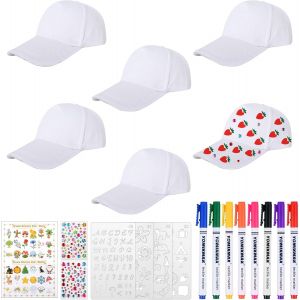 Ulteronixshop-6 Pi&egrave;ces DIY Casquette de Baseball &agrave; Peindre Coton Blanc Chapeau de Graffiti pour Enfants avec 8 Pinceaux Autocollants en Pierre Pr&eacute;cieuse Bo&icirc;te Cadeau pour Enfants Sport Ext&eacute;rieur Sunh - Neuf