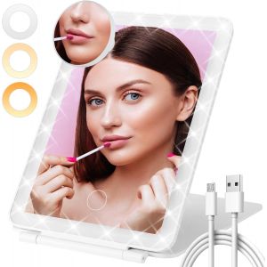 Kal-Miroir Maquillage Avec Détail 10x, Led Miroir Portable Avec Éclairage 3 Couleurs, Miroir De Voyage Rechargeable, Miroir De Table, Miroir Voyage Pour La Chambre À Coucher Voyages (Blanc) - Neuf