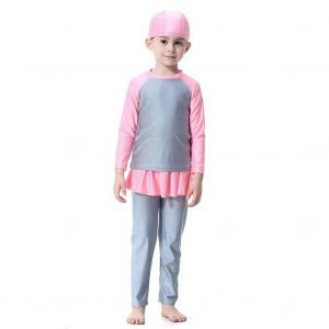 Maillot De Bain 2 Pieces A Manches Longues Pour Fille (Gris 100 Cm) - Neuf