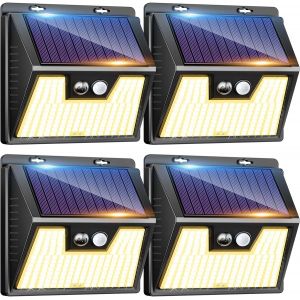 Lampe Solaire Exterieur Detecteur De Movement Lot De 4, 167 Led/3 Modes Lumiere Solaire, &Eacute;tanche Eclairage Exterieur Murale Pour Jardin Garage [Blanc Chaud] - Neuf