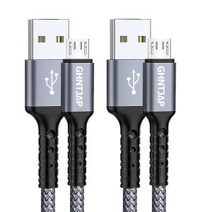 JGD-Lot de 2 c&acirc;bles de charge micro USB, 2 m, en nylon, pour t&eacute;l&eacute;phones Android, compatible avec Galaxy S7, S6, S5, Huawei P, Smart, Nokia, Kindle, PS4, manette, etc. - Gris - Neuf