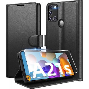 ELVORIX-Coque pour Samsung Galaxy A21s en Premium Cuir PU, Portefeuille Housse Etui pour Cartes Protection Anti-Choc Flip Case avec 1 Verre Tremp&eacute; Noir - Neuf
