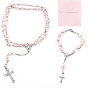 Chapelet Catholique Cha&icirc;ne Bracelet, Vintage Crucifix Perles Chapelet Collier, Pri&egrave;re Chr&eacute;tienne Perle Blaury Avec Sac En Velours, Bapt&ecirc;me Communion Chapelet De Mariage F&ecirc;te - Neuf